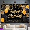 2D Black Gold Balloon Happy Birthday Backdrop Banner Photo Booth Background
