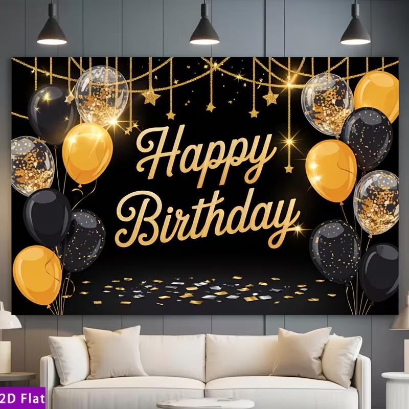 2D Black Gold Balloon Happy Birthday Backdrop Banner Photo Booth Background