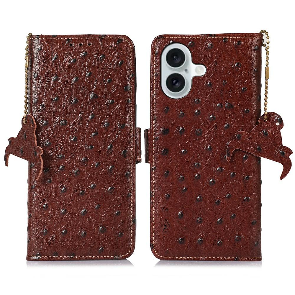 

For iPhone 17 Case RFID Blocking Genuine Cow Leather Phone Case Ostrich Texture Coffee