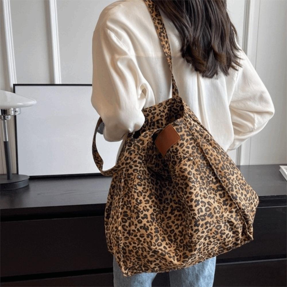 Large Capacity Leopard Print Shoulder Bag Square Women Handbag Simple Canvas Tote Bag Girls
