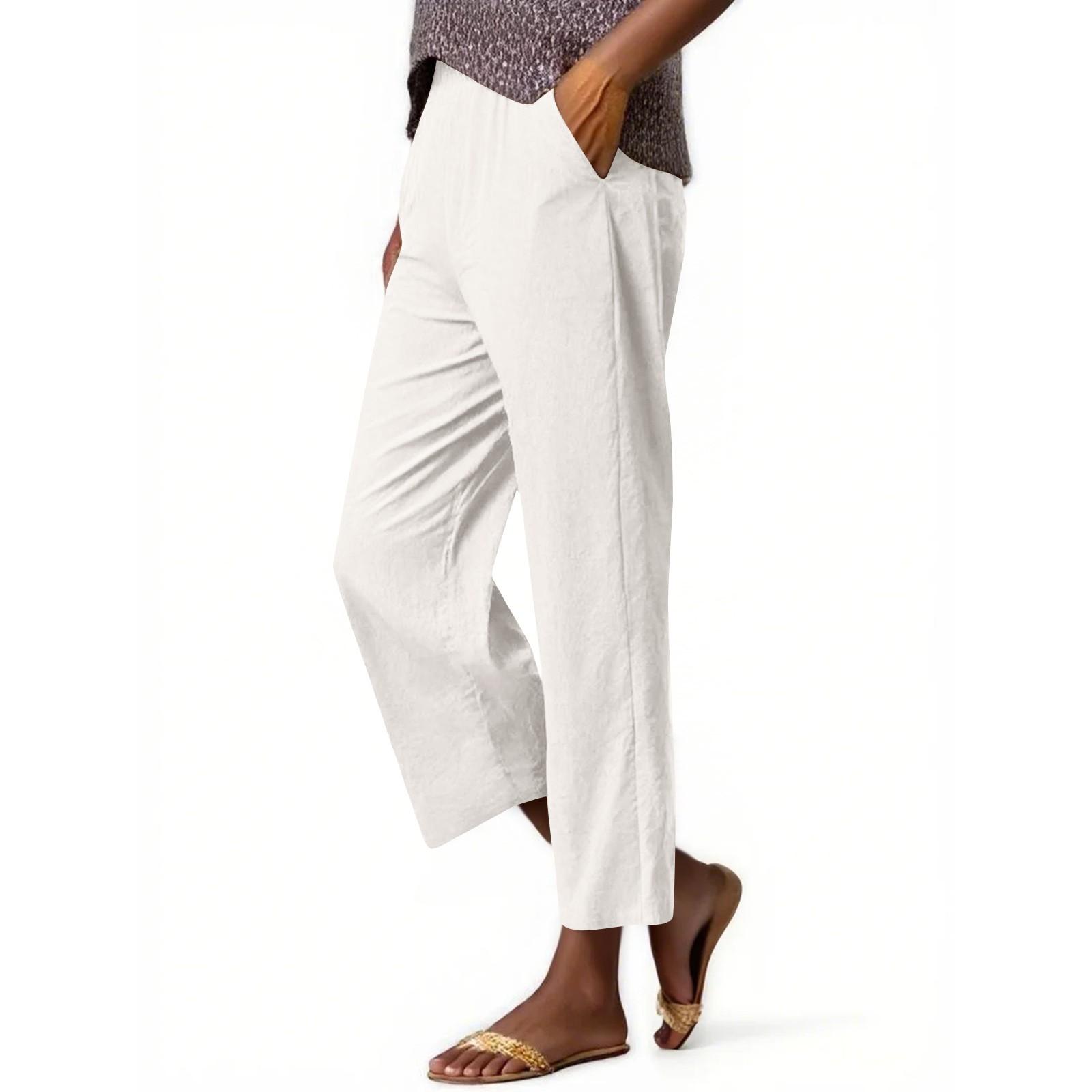 

Женские модные однотонные хлопковые пеньковые свободные эластичные пояса с карманами и широкими штанинами Niners повседневные брюки S белый