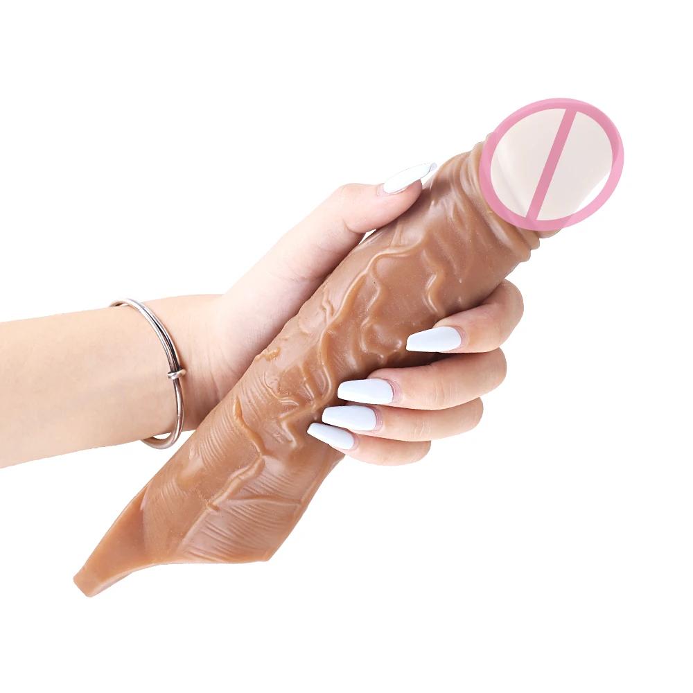 25cm Large Penis Extender Sleeve Reusable Condom Delay Penis Sleeve Dick Male Dildo Pumps Enlargers Sex Toys for Men 18+