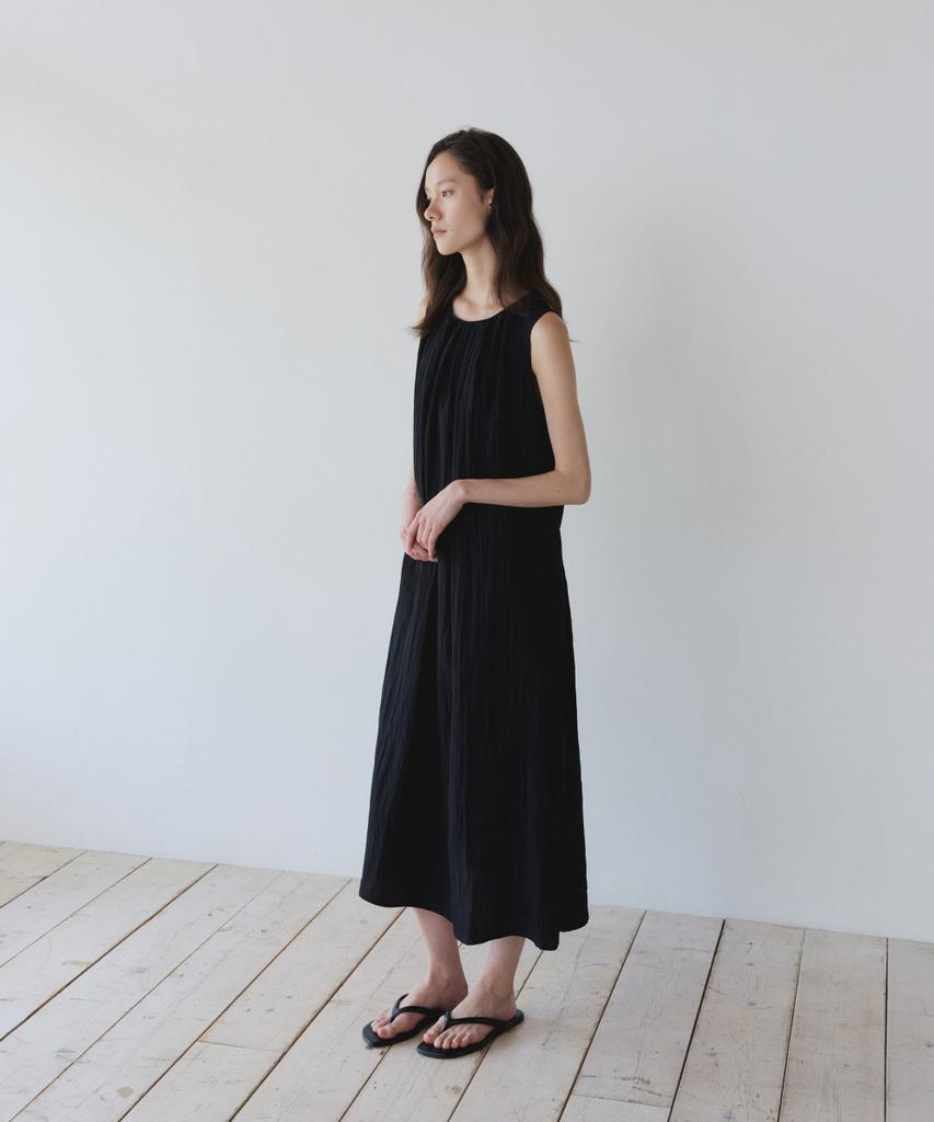 Ieoning Shirring Long Sleeveless Dress, Black