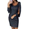 Abito da donna con maniche lunghe in rete primaverile ed estiva con paillettes o-collo, vestito dall'anca, abiti da festa slim, colore solido, taglie forti, club, vestito da ballo