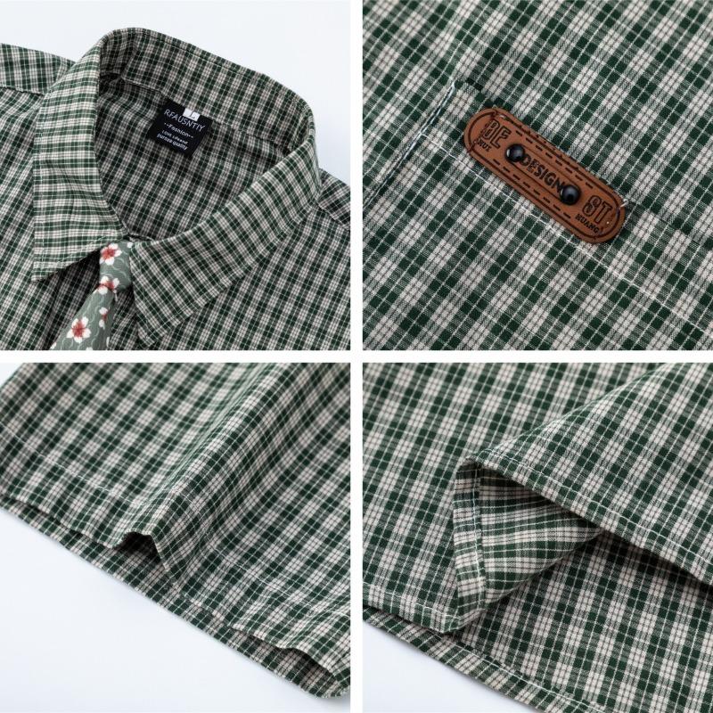 Japanese Retro Simple Plaid Short-sleeved Shirt Summer New Floral Tie Accessories Loose Casual Shirt for Men and Women