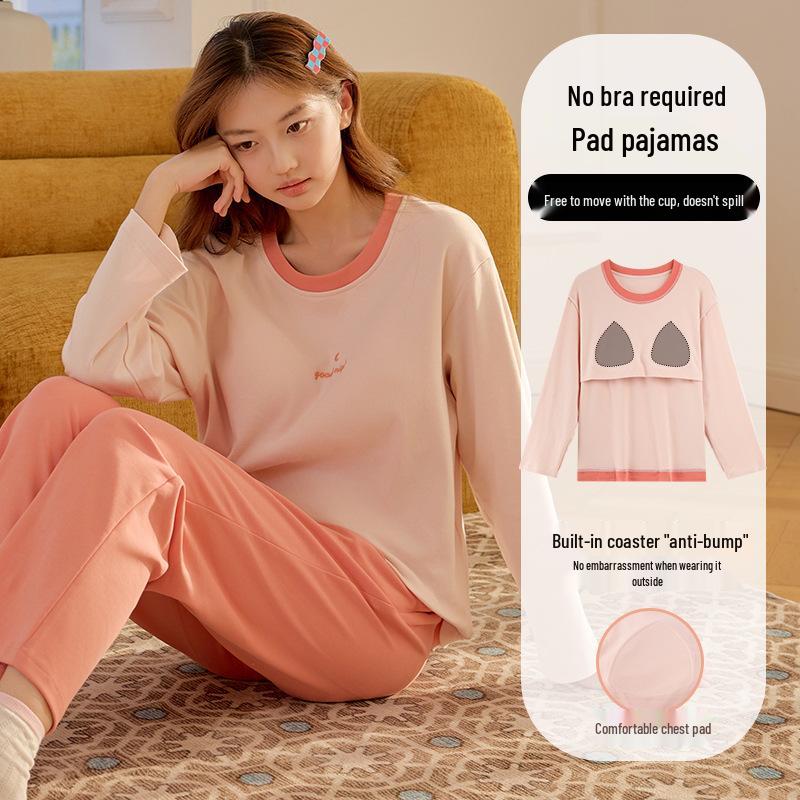 Women's Cute Cartoon Cotton Pajama Set with Chest Pad – Long Sleeve & Pants for Spring/Autumn