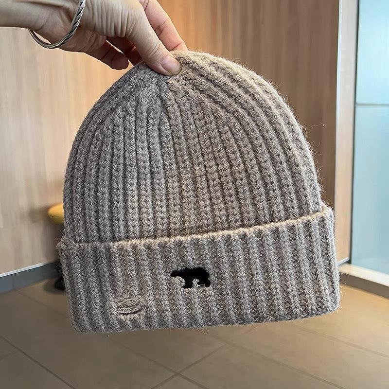 Ripped Wool Hat for Women In Autumn and Winter Versatile Warm Knitted Hat Showing Face Small Embroidery Polar Bear Ear Protection Cold Hat Men