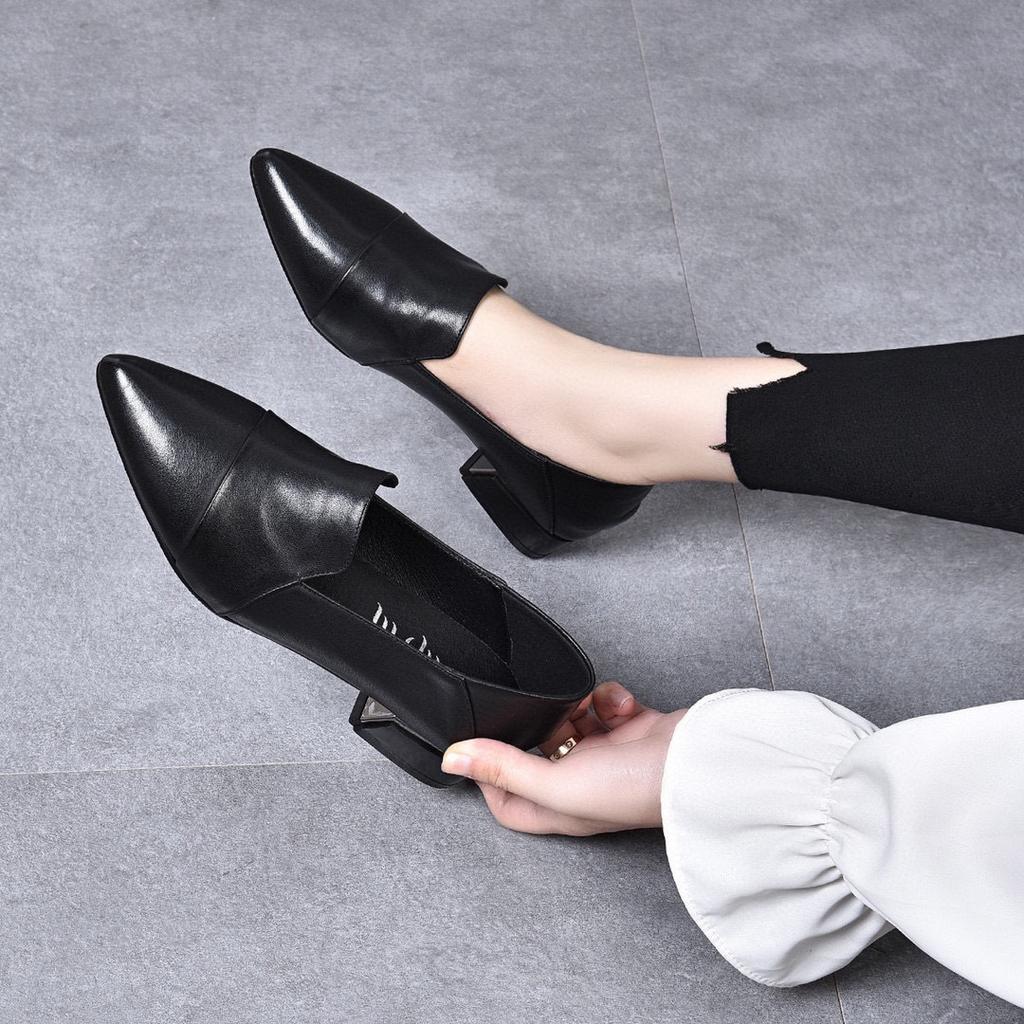 High heels women's spring new comfortable cowhide pointed thick heel medium heel work shoes one shoe two wear low-top shoes