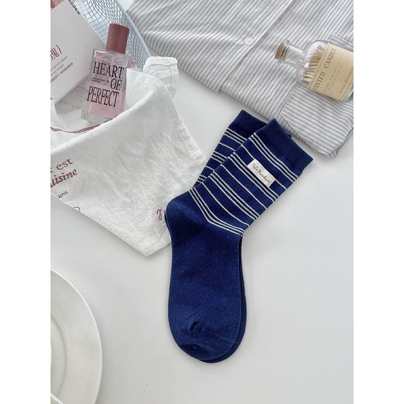 Ladies Spring Pinstripe Cloth Logo Preppy Style Boneless Long Tube Pile Socks