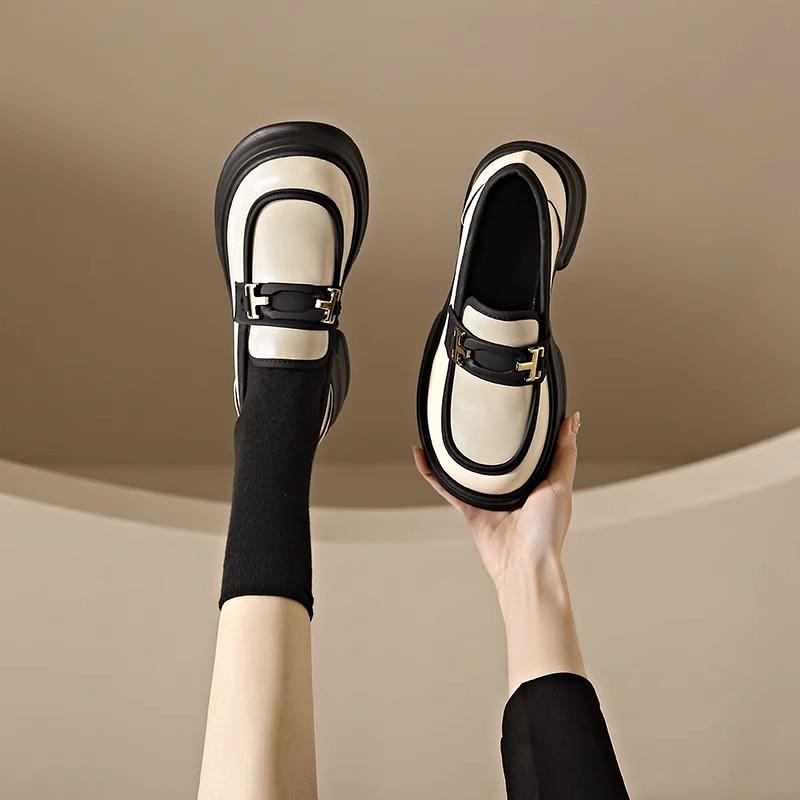 

Qi Le 2024 Женские весенне-летние кожаные лоферы с круглым носком и массивным каблуком 38 грязно-белый