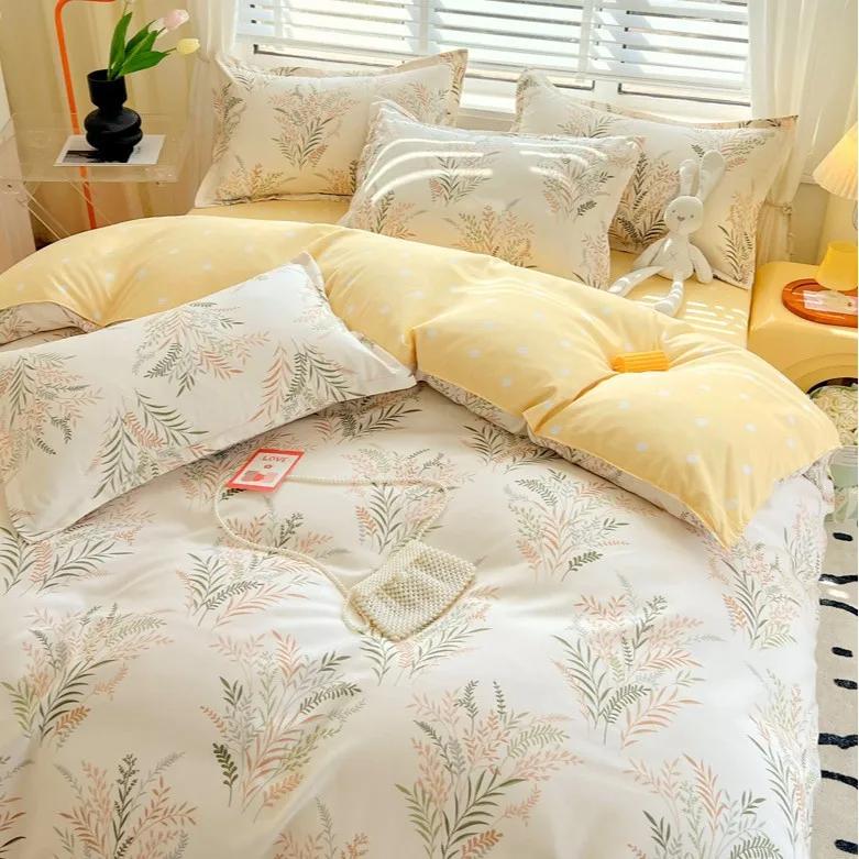 Skin-Friendly Twill Fabric Bed Sheet Four Piece Set Ab Double-Sided Color Blocking Bedding Sets Flower Printed Quilt Cover