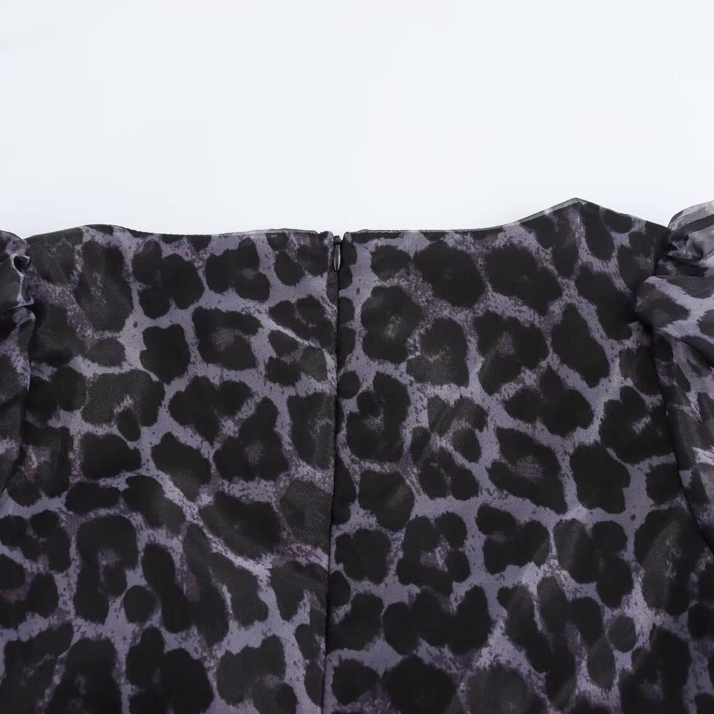 2024 Autumn Women's Organza Print Lantern Sleeve Long Dress - European & American Style Fashion