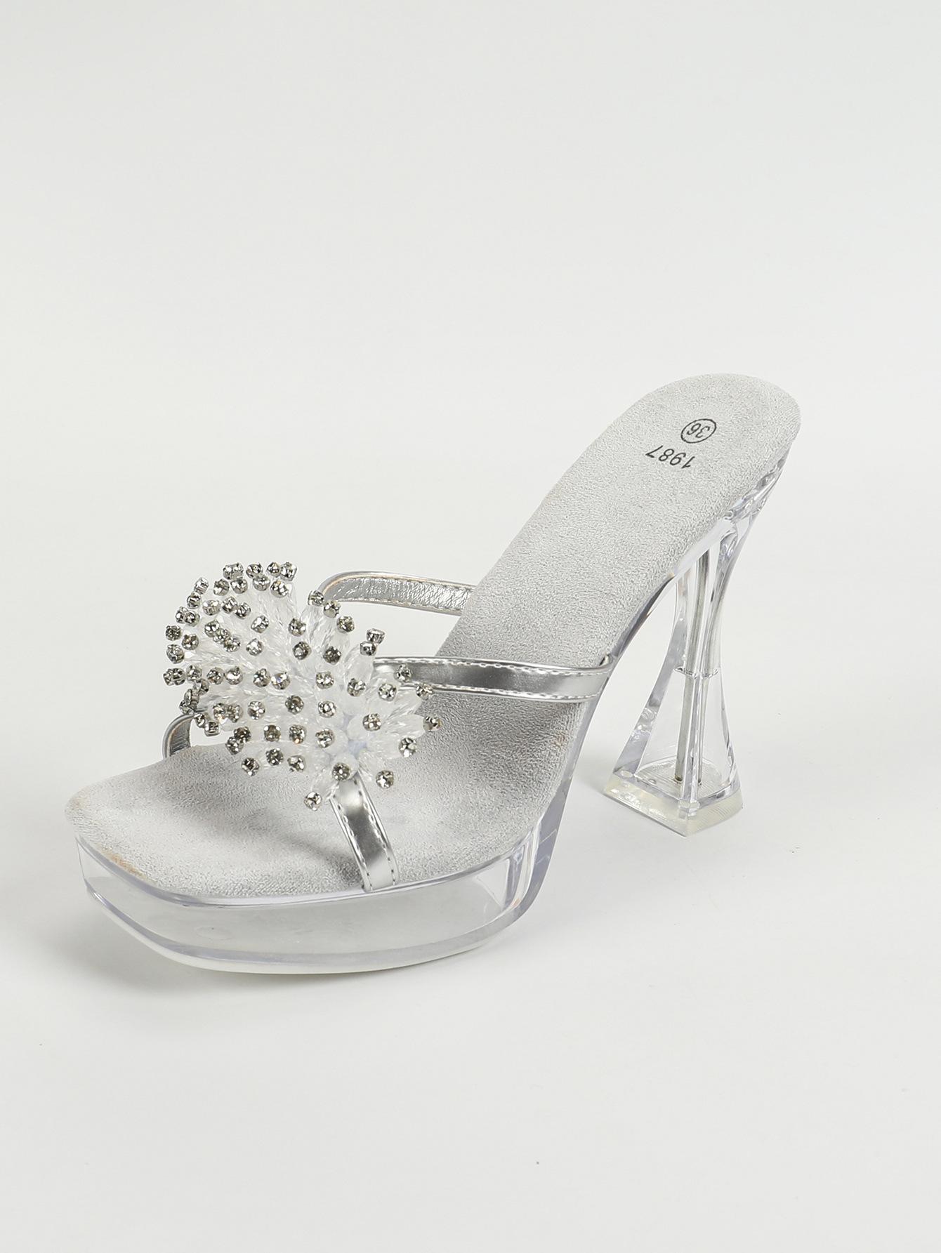 Женские босоножки на платформе, модные, прозрачные, для ночного клуба, на толстом каблуке, с квадратной головкой, нескользящие, со стразами, 12 см, LFD-1987-49 34 серебряный