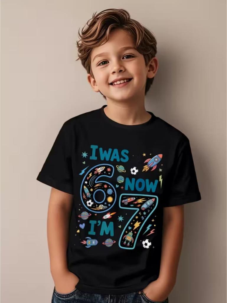 Funny Six Seven 67 Meme T-Shirt for Kids 7 Years Old Birthday Party Gifts Summer Short Sleeve Tees Crew Neck Children's Clothing