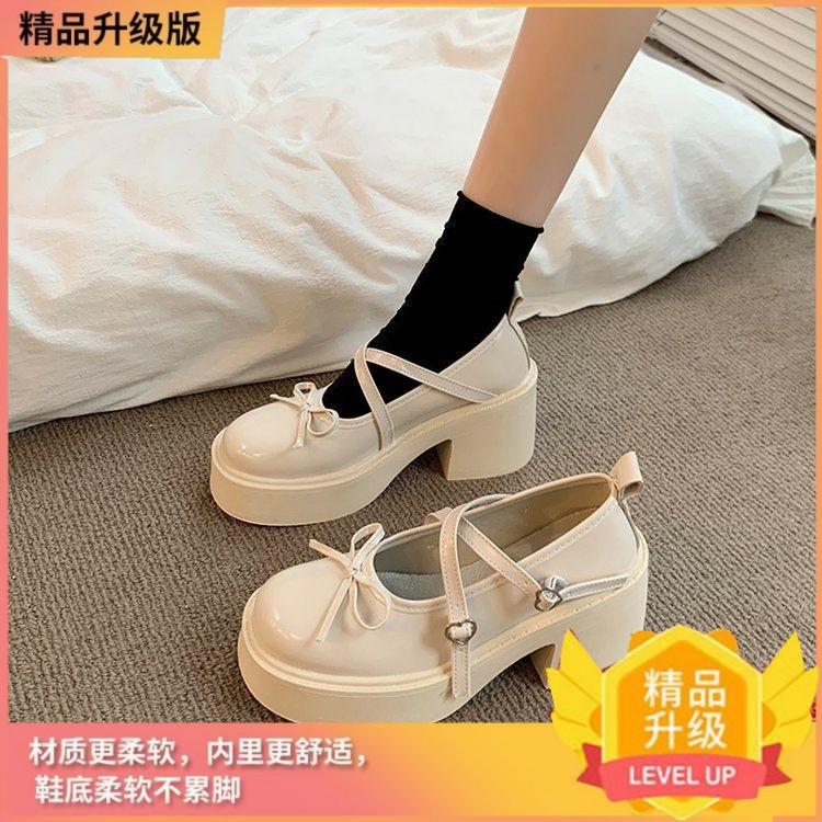 Bow thick high-heeled small leather shoes women's summer new Japanese jk heightening French versatile Mary Jane single shoes
