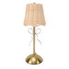 Kabellose Rattan-Bogenlampe, USB-wiederaufladbar, Vintage-Gewebe-Tischlampe mit Metallfuß für Schlafzimmer