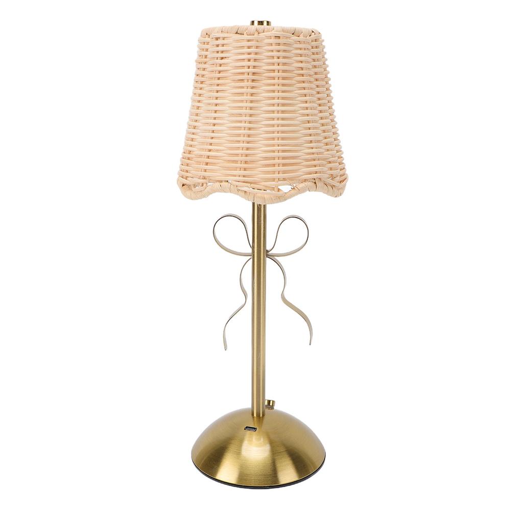 Kabellose Rattan-Bogenlampe, USB-wiederaufladbar, Vintage-Gewebe-Tischlampe mit Metallfuß für Schlafzimmer