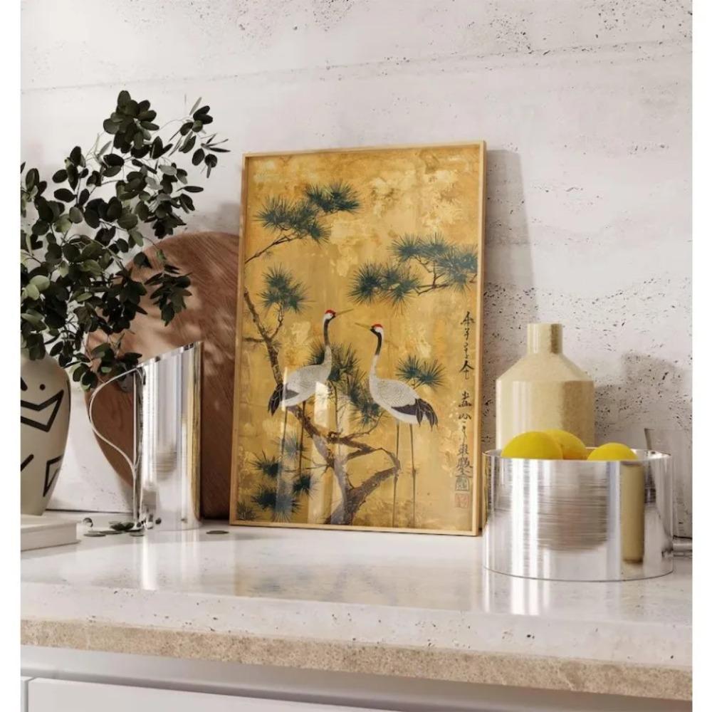 Japanische Elegante Kraniche Natur Poster Fliegende Kraniche in Gold und Weiß Leinwandbild Asiatische Wandkunst Wohnzimmer Heimdekoration