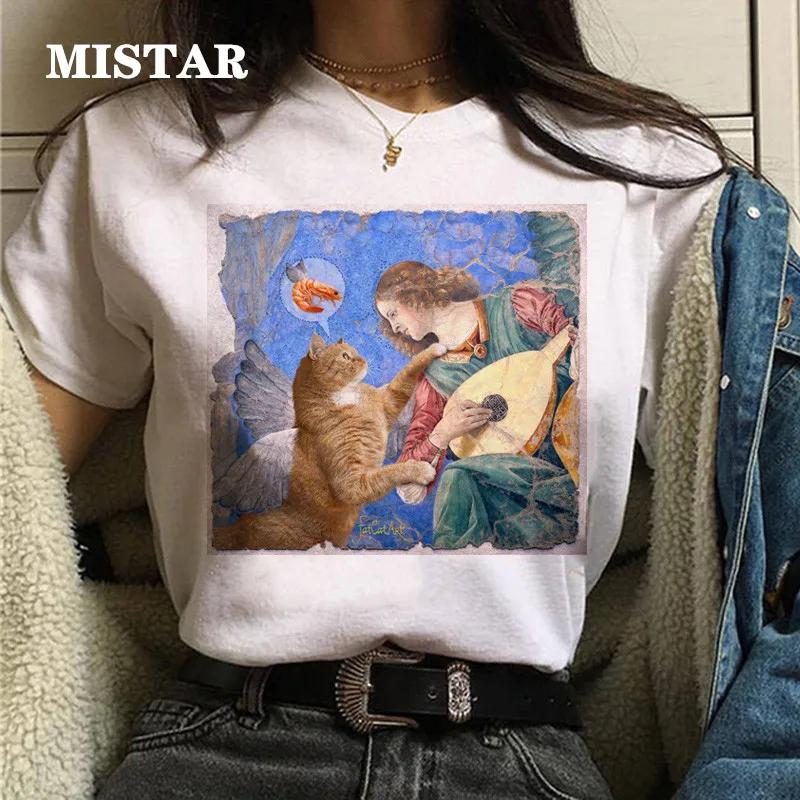 T-shirts Women Cat Oil Painting Printed Funny Graphic Tee Shirt Summer Short Sleeve Casual White Tops Harajuku Clothing