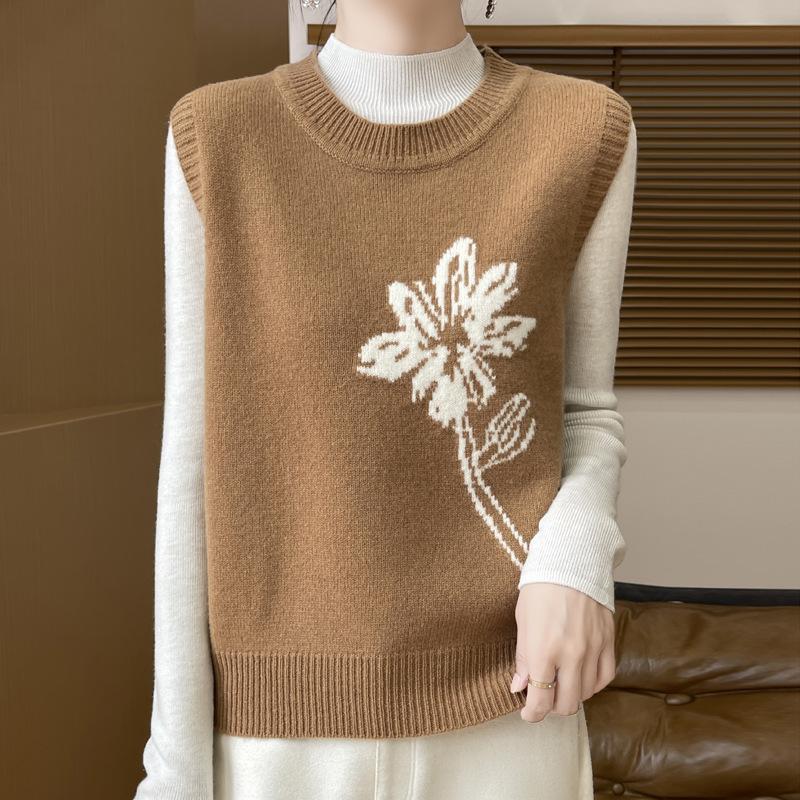 Autumn Women's Knitted Vest Pullover Vest Shoulder Round Neck Jacquard Loose Waistcoat