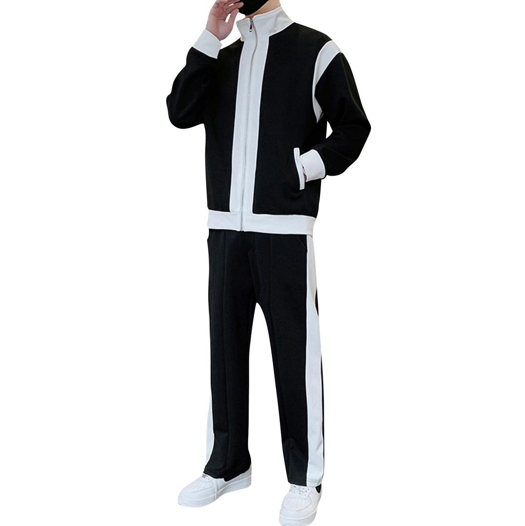 Men's Casual Sports Suit Stand Collar Long Sleeve Patchwork Jacket Drawstring Trousers Suit