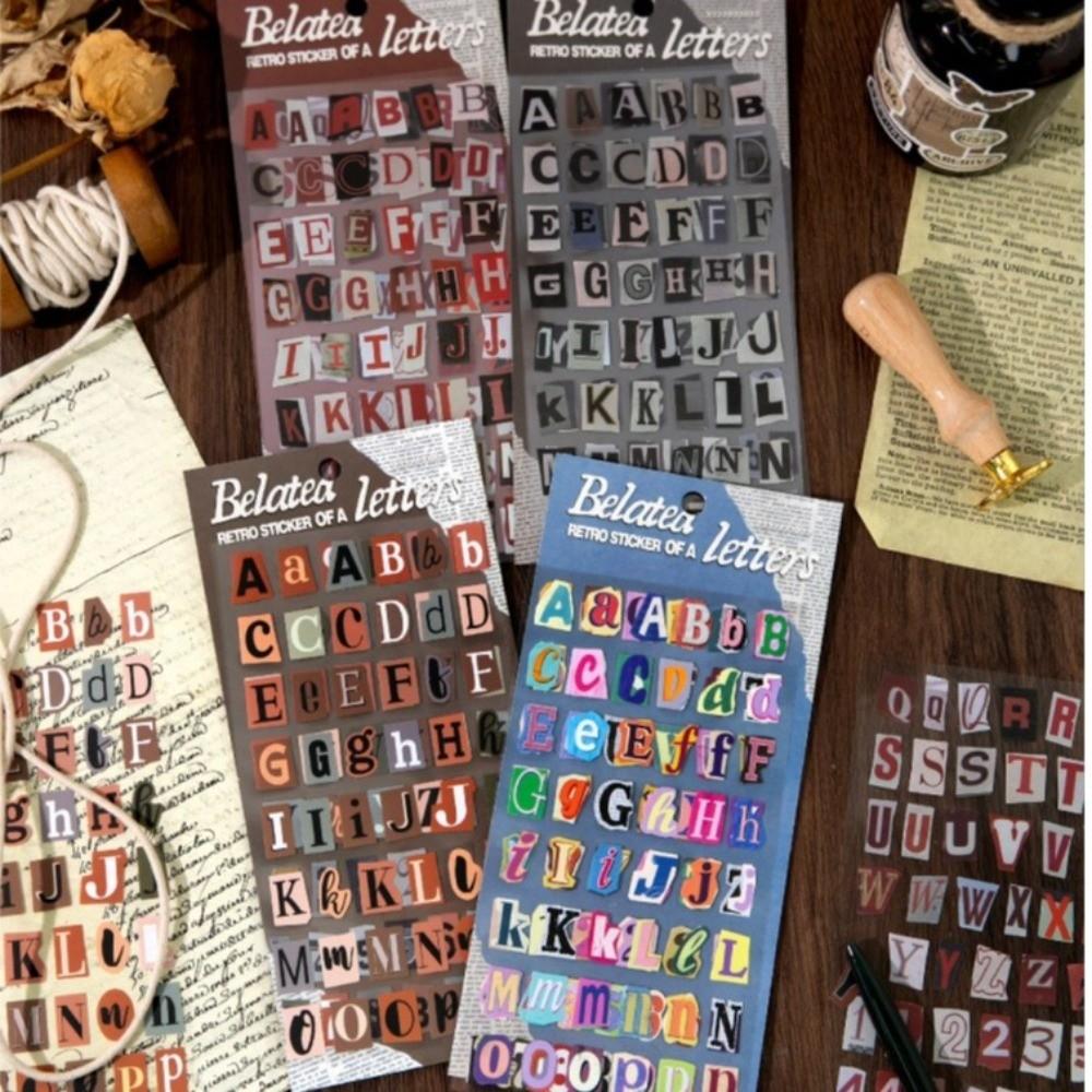 2 Stück/Packung Retro-Stil Alphabet-Aufkleber Englisch-Thema Vintage-Design Zahlen-Aufkleber 2 Stück Packung Scrapbook-Stil Symbol-Aufkleber