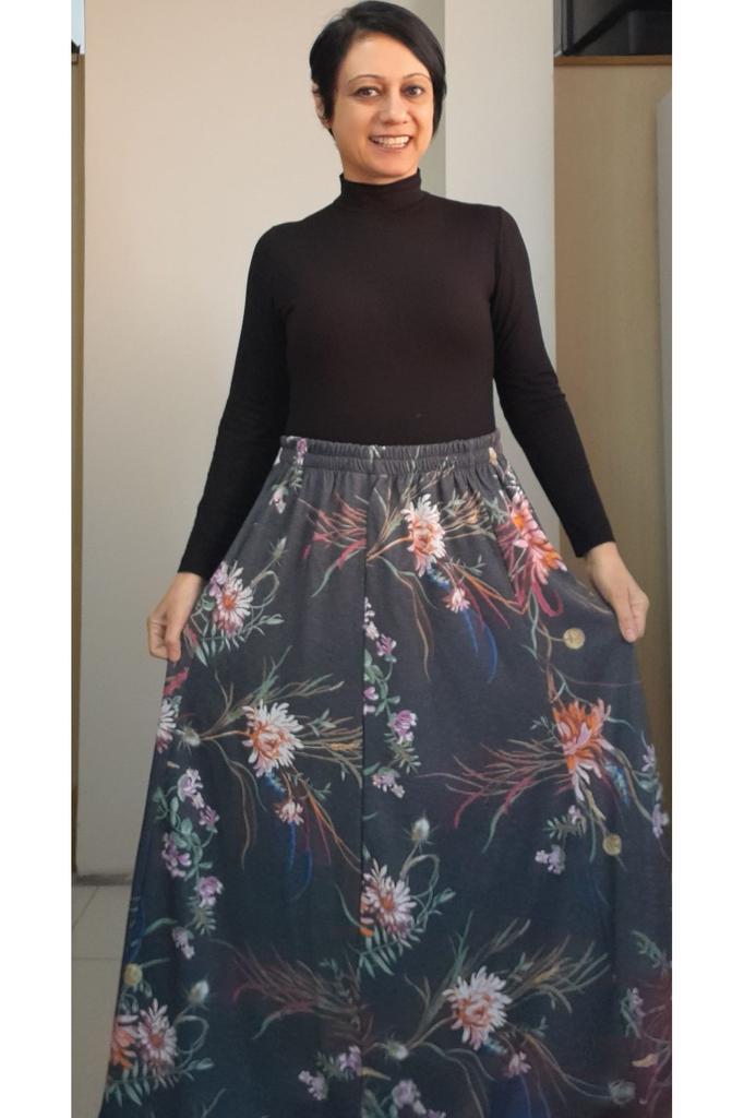 Women's Style Big Size Skirt Smoked Floral Patterned 6-Piece Steel Knitted Skirt That Can Be Weared In All Seasons