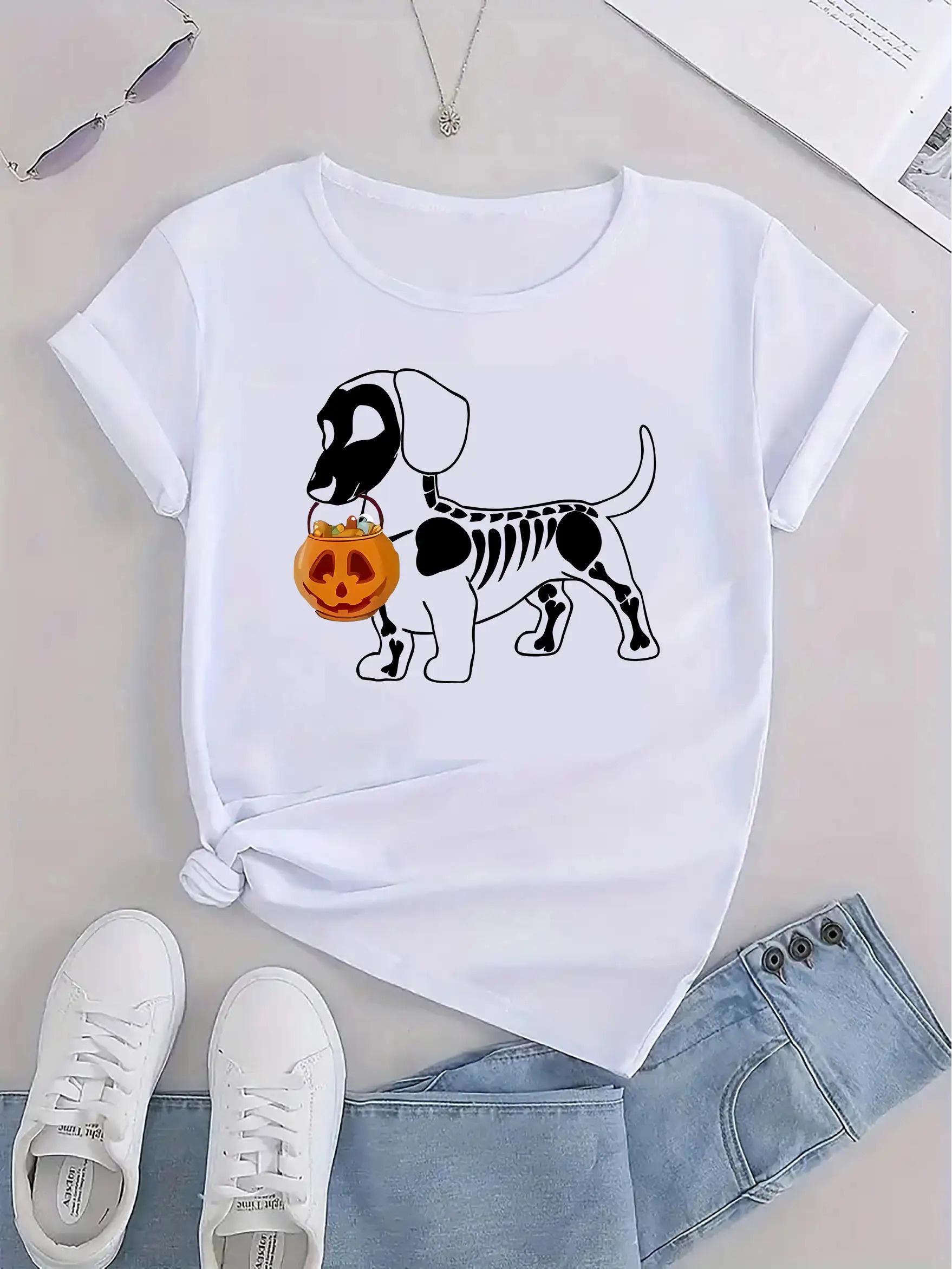 

WomenS Halloween Dachshund Graphic TShirt Cute Skeleton Dog with Pumpkin for Halloween Party Outfits Aesthetic Clothes S