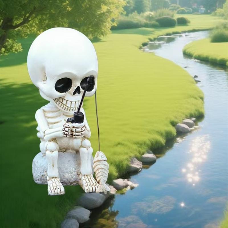 Outdoor Resins Halloween Skeleton Fisherman Sculpture With Shaking Head Design For Garden Patios Pond Decoration Gift