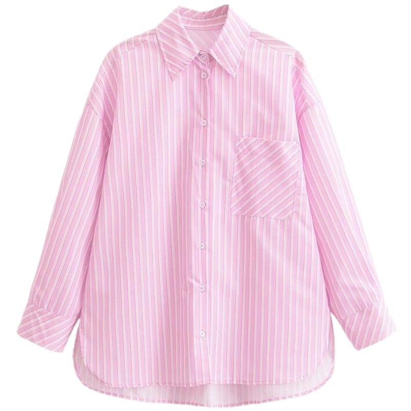 2024 New Women's Clothing Minimalist Stripes Poplin Long Sleeves Asymmetric Lapel Loose Side Slit Shirt 2637589