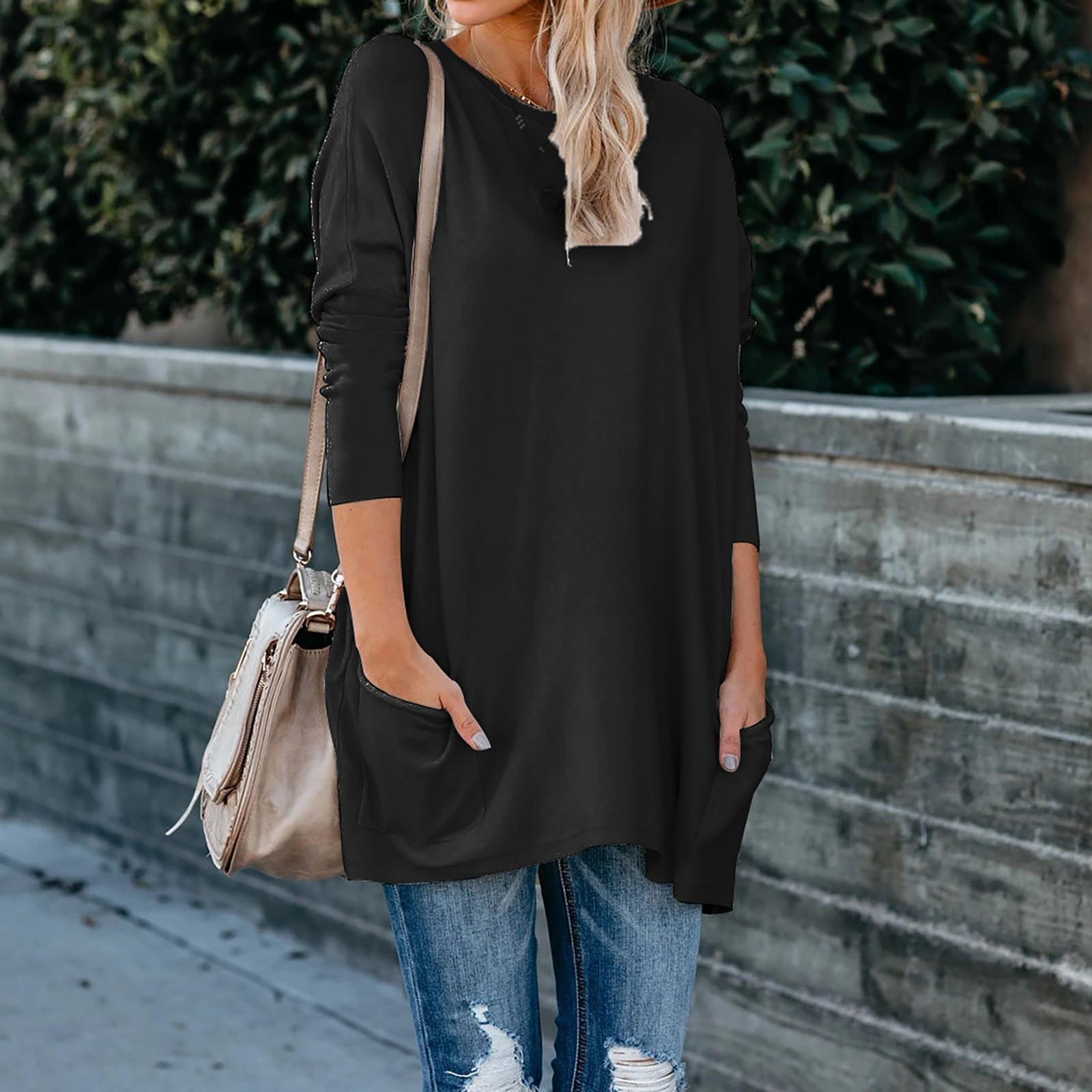 

Однотонна жіноча футболка кишенькового розміру з круглим вирізом і довгим рукавом XXL чорний