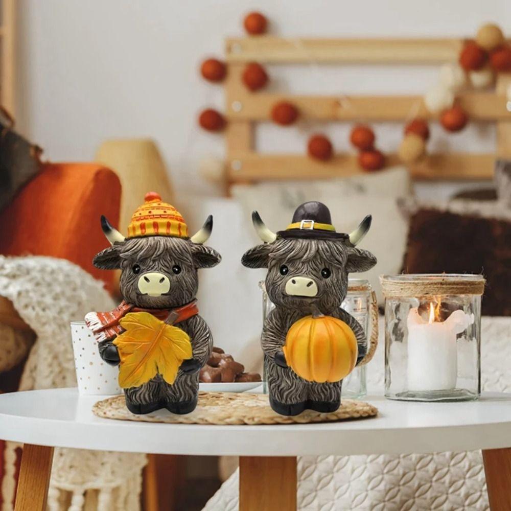2pcs Resin Cow Statue Cute Animal Figurine Sculpture Crafts Highland Cattle Ornament  Table