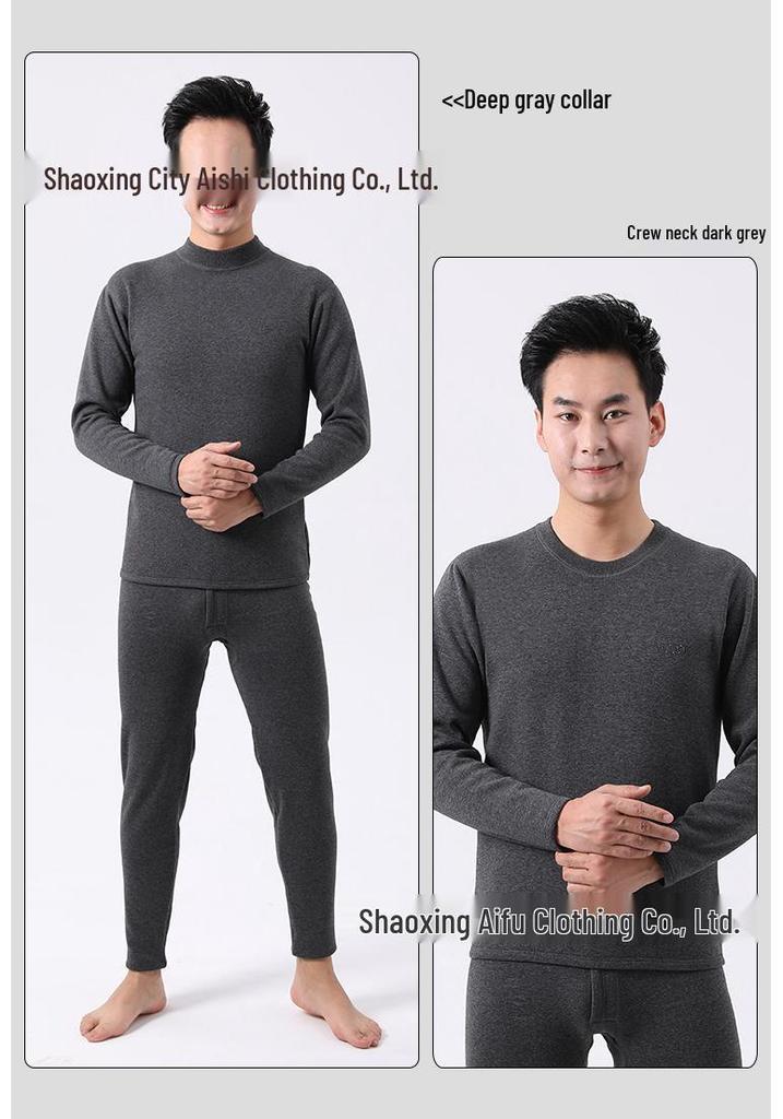 Men's Red Bean Warm Underwear Set: Plus Velvet Mid-Neck Top & Pants, Cotton Wool Sweater for Autumn/Winter