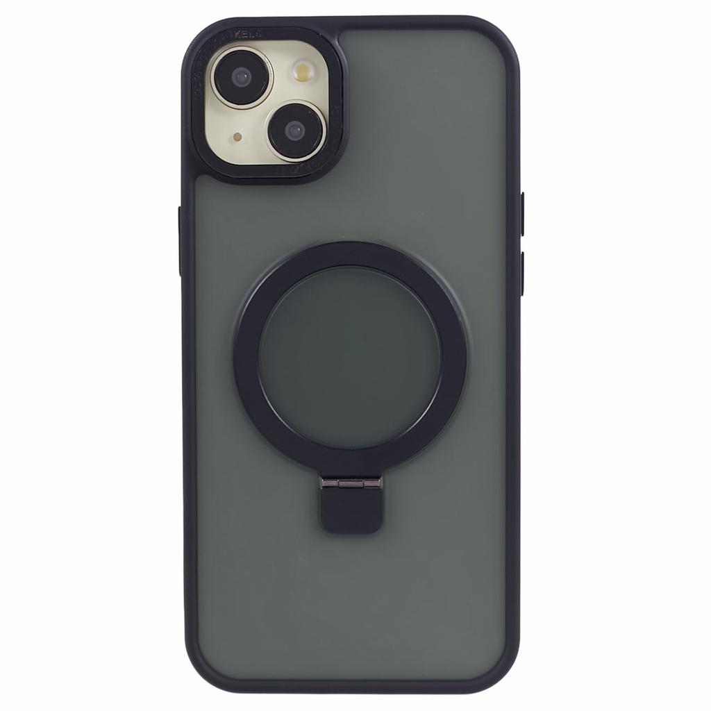 For iPhone 15 Plus Skin-touch Phone Case Kickstand Design TPU+PC+Magnet+Metal Shell Compatible with MagSafe