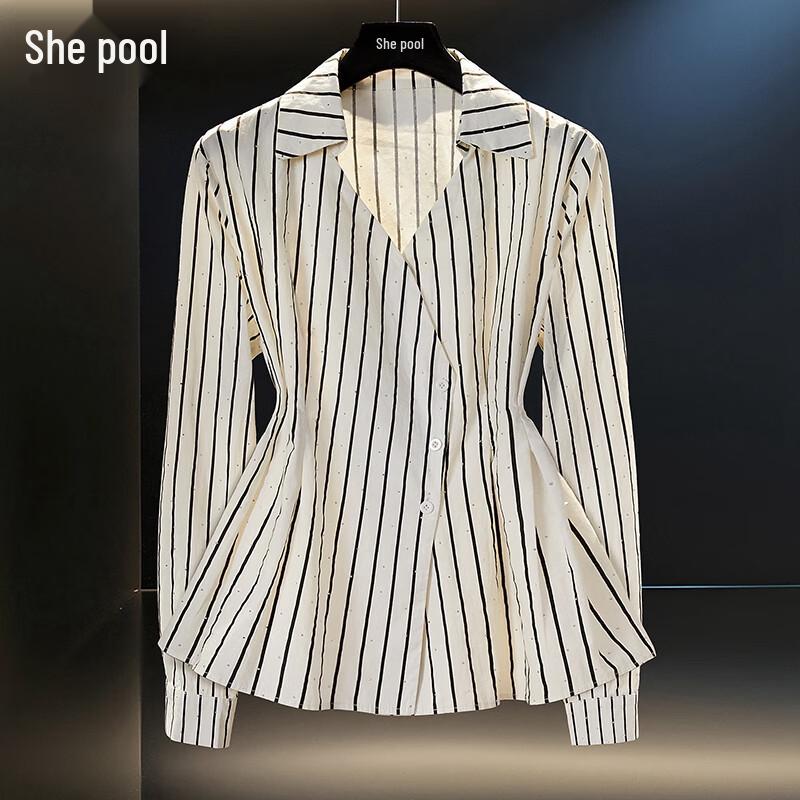 Shechi Women s Striped Rhinestone Lapel Shirt S