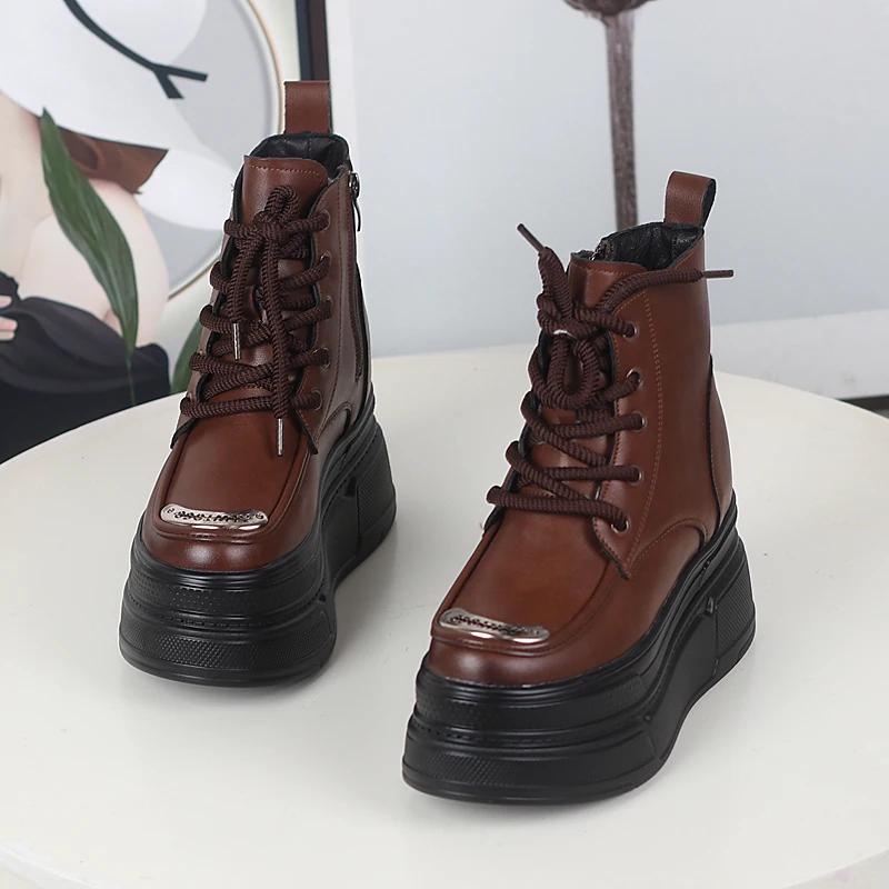 Mode 12CM Echtes Leder Winter Herbst Kamin Plüsch Frühling Stiefeletten Mode Reißverschluss Damen Mokassins Plateau Keilschuhe