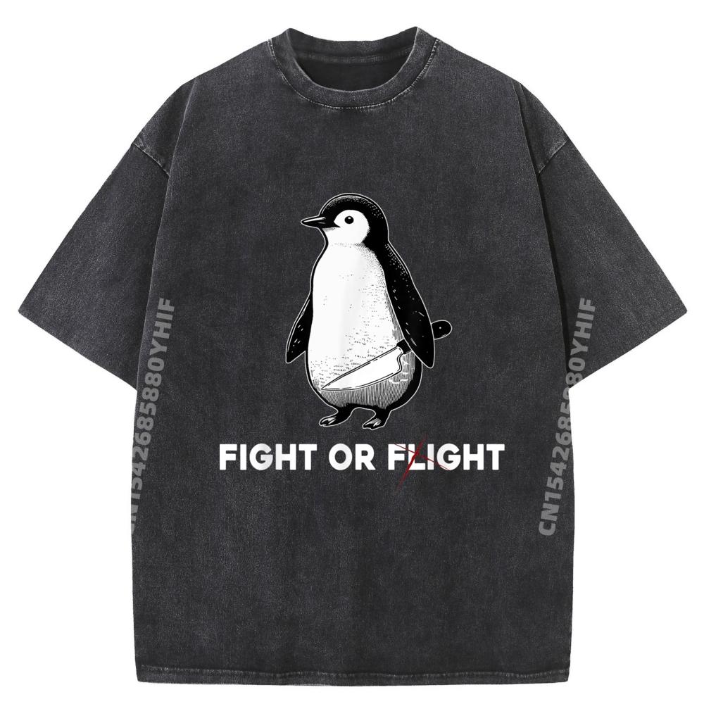 Cute Penguins Classic Fights Funny Animal Lovers Or Flight Graphic Tees Luxury Clothes Men Retro Washed T-shirt