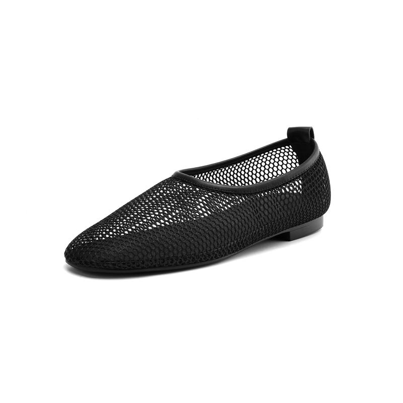 Fashion Women's New Genuine Leather Cowhide Spring and Summer Breathable Net, Low Heel Round Toe Oversized D Casual Single Shoe