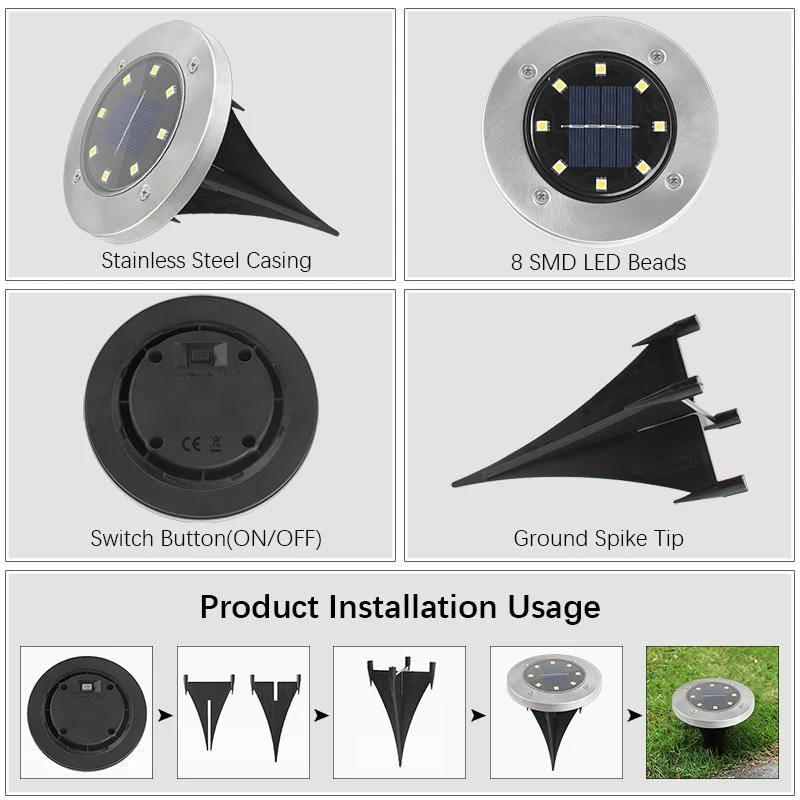 Solar Ground Spike Light, Stainless Steel Housing, 8 SMD LED, White & Warm Light Optional, Smart Light Control, for Garden Lawn