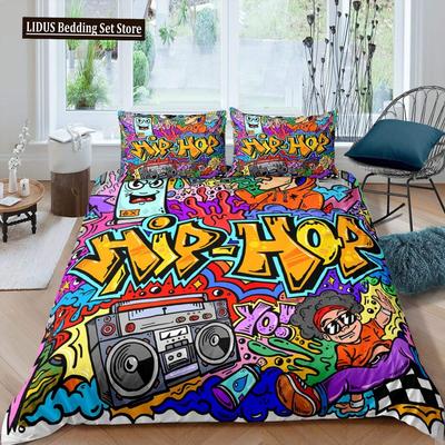 Graffiti Duvet Cover Set For Teens Boys Hip Hop Art Comforter Cover Set Rock Music Sports Bedding Set Quilt Cover Set Queen Size