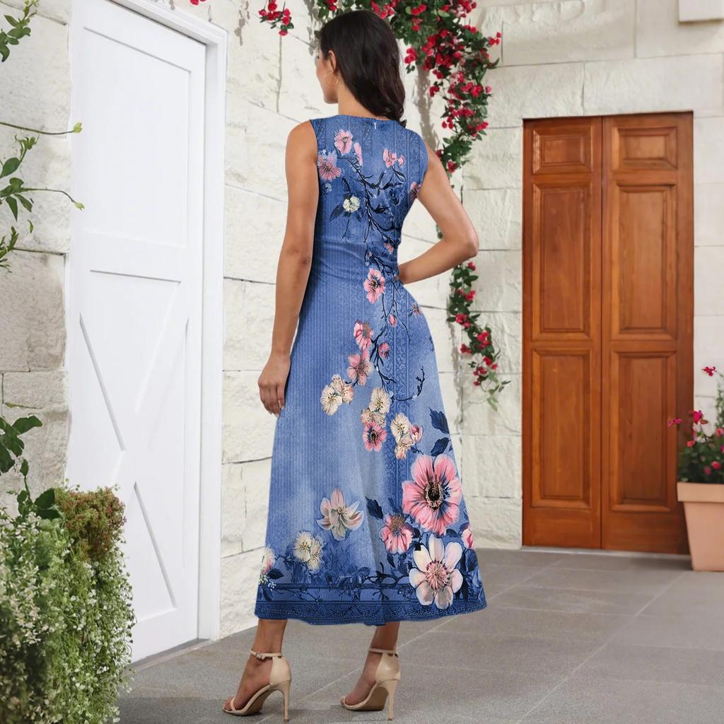 Women's Summer Fashion Retro Print V-Neck Sleeveless Long Dress
