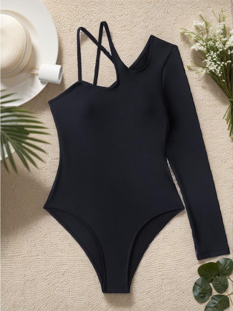Unregelmäßiger Einteiler Bikini Badeanzug für Damen, Sexy, Figurbetont, mit einem langen Ärmel, Mode, Elegant, Strandurlaub Kleidung