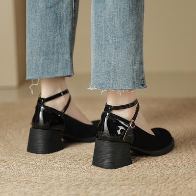 Black Velvet Mary Jane Shoes Round Head Light Mouth Retro French Hepburn Style Thick Heel Cross Strap Retro Small Leather Shoes