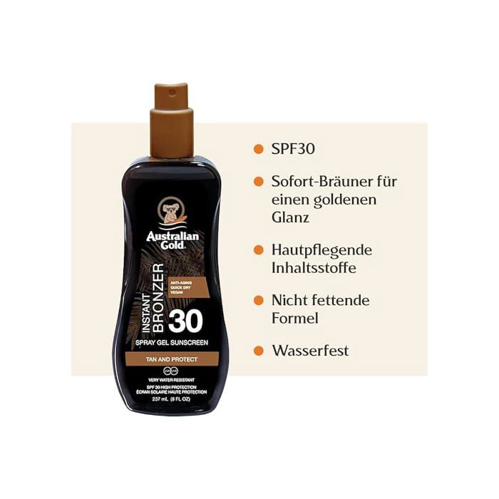 Australian Gold Protections Solaire SPF30 Spray Gel avec Agents Bronzants 237ml