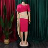 Pleated Strap Clothing Summer Short Color Matching Large Size Women's Sleeve Diagonal Collar Sheath Dress