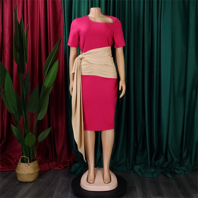 Pleated Strap Clothing Summer Short Color Matching Large Size Women's Sleeve Diagonal Collar Sheath Dress