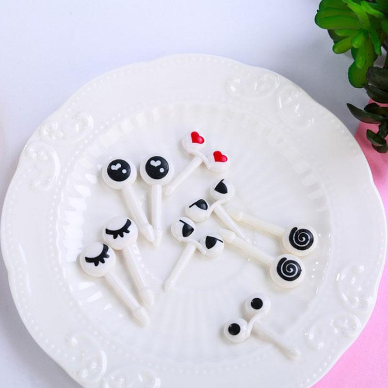 10 ks/sada Mini špízy Roztomilé kreslené oči Kawaii Obědová Bento krabička Jídlo Ovocná vidlička