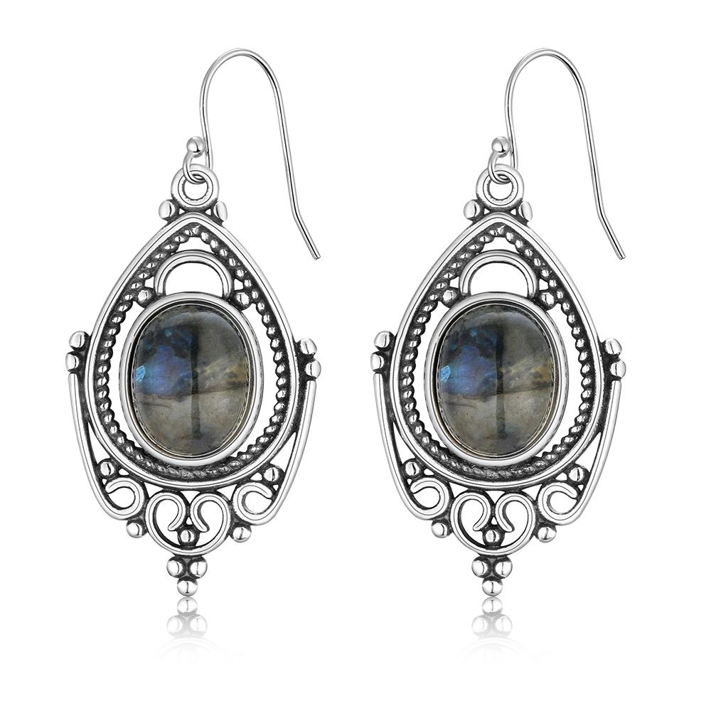 Silver Retro Natural Labradorite Earrings For Women Oval 8x10mm Stone Vintage Gift Party Ear Stub Earrings Jewelry Wholesale