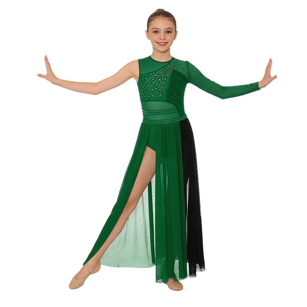 Kids Girls Stage Performance Dress: Back Invisible Zipper Color Block Mesh Patchwork Side Split with Shiny Rhinestones for Lyrical Dance