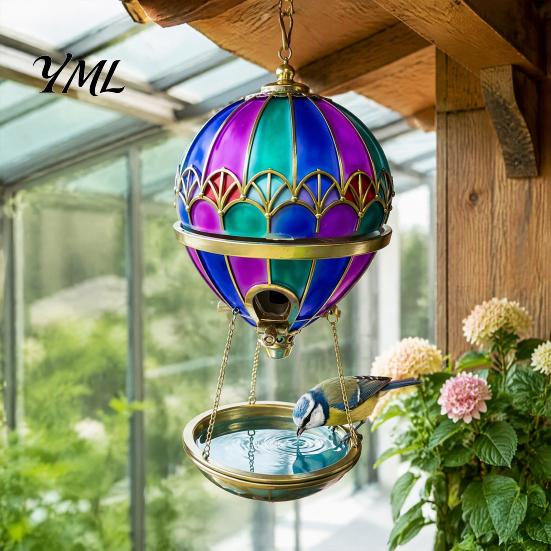 Bird Bath Feeder Hot Air Balloon Feeder, Retro Stained Glass Art with Water Patio Tray, Hanging for Outdoor Garden Backyard Feeding Station